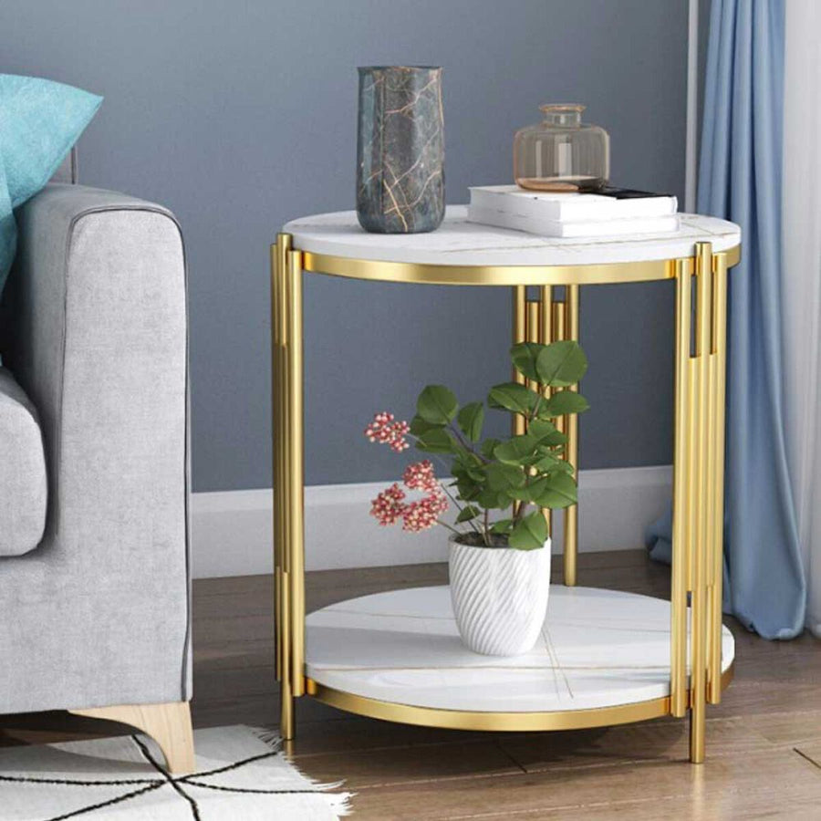 Masuta rotunda pe 2 nivele, blat tip piatra, cadru metalic auriu, design elegant, 60x30 cm