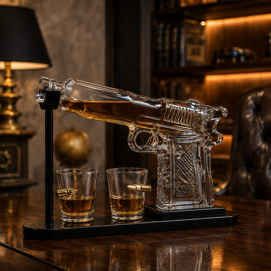Set Decantor Bauturi  Forma Pistol si Gloante 220ml/50ml Sticla Lemn - detaliu produs