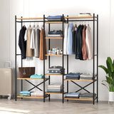 Dulap metalic deschis OpenIX cu 10 rafturi, dressing industrial 120 x 180 cm, 10 compartimente cu bara umerase, cadru metalic + polite PAL melaminat 18 mm, capacitate mare depozitare, stil industrial loft Pin natur - detaliu 2