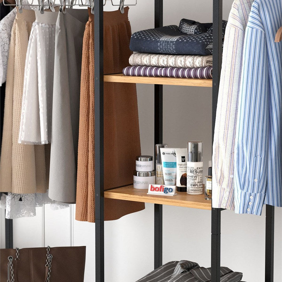 Dulap metalic deschis OpenIX cu 10 rafturi, dressing industrial 120 x 180 cm, 10 compartimente cu bara umerase, cadru metalic + polite PAL melaminat 18 mm, capacitate mare depozitare, stil industrial loft Pin natur - detaliu 4
