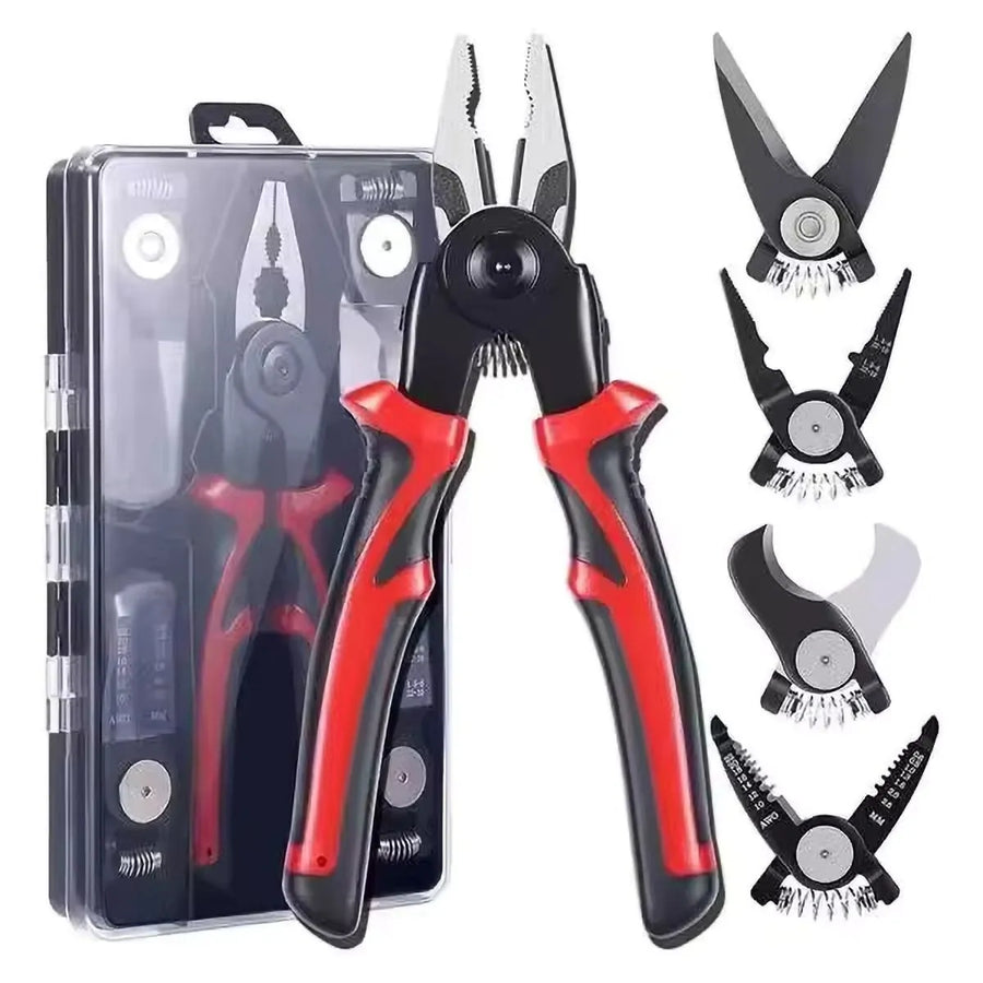 Clește multifuncțional 5 în 1 cu capete interschimbabile, Patent, Taietor Cablu, Dezizolator, Cleste Sertizare, Foarfeca de tabla, cap interschimbabil, maner ergonomic, izolat electric