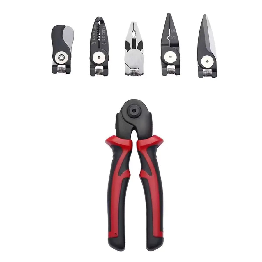 Clește multifuncțional 5 în 1 cu capete interschimbabile, Patent, Taietor Cablu, Dezizolator, Cleste Sertizare, Foarfeca de tabla, cap interschimbabil, maner ergonomic, izolat electric