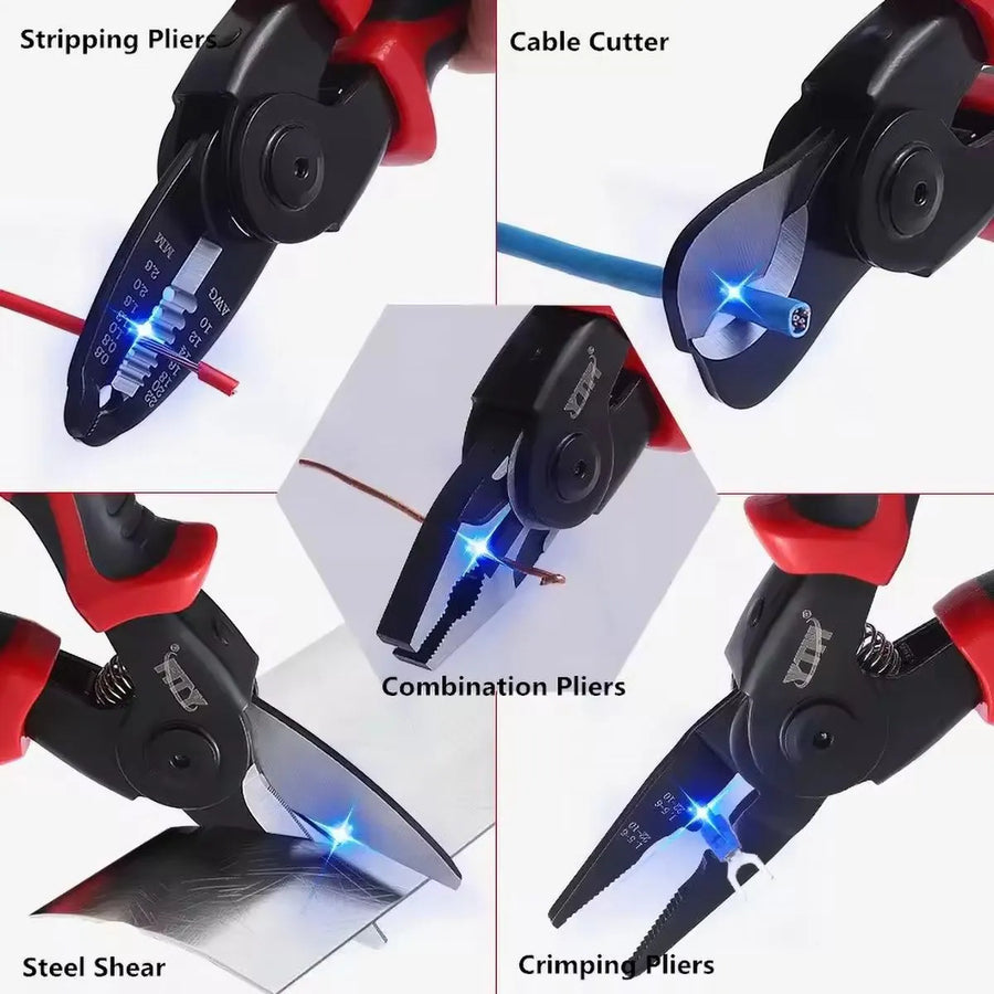 Clește multifuncțional 5 în 1 cu capete interschimbabile, Patent, Taietor Cablu, Dezizolator, Cleste Sertizare, Foarfeca de tabla, cap interschimbabil, maner ergonomic, izolat electric