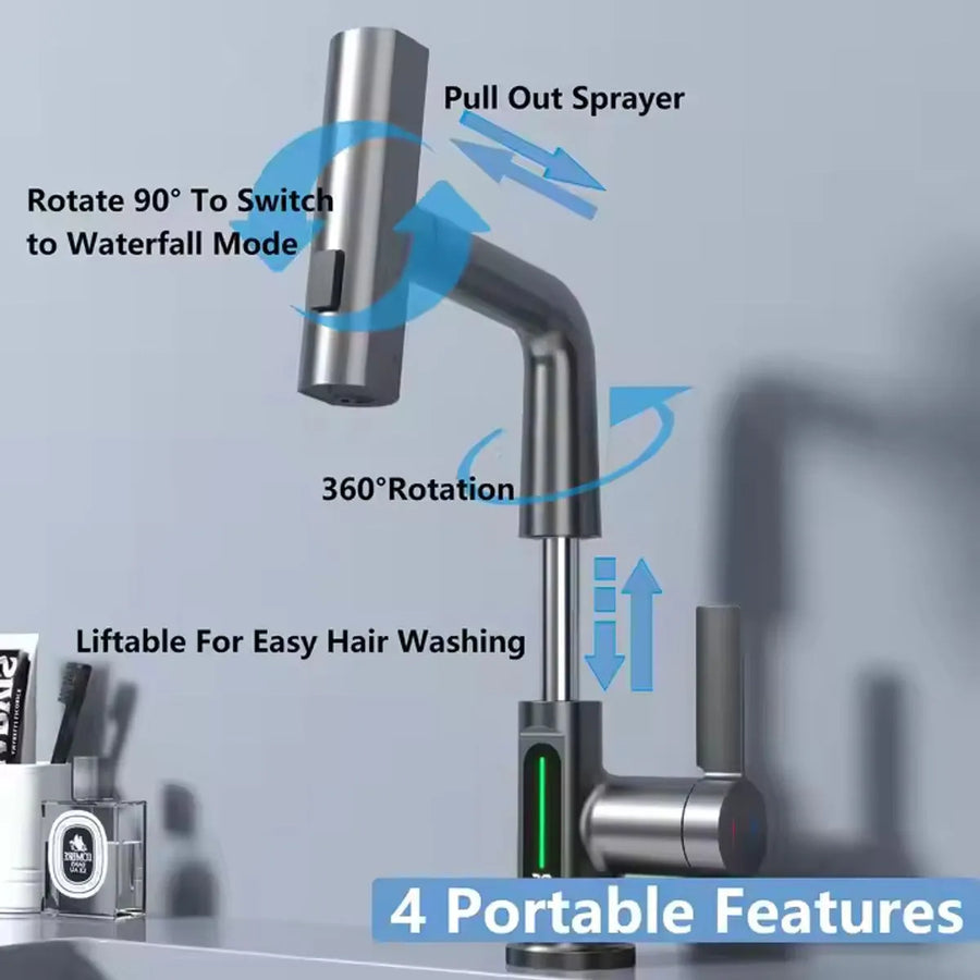 Baterie baie/bucatarie cu display temperatura, curgere tip cascada, jet sau spray, dus extractibil