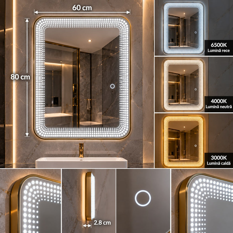 Oglindă LED Premium 60 × 80 cm, Iluminare 3000K / 4000K / 6500K, Control Touch, - imagine principala