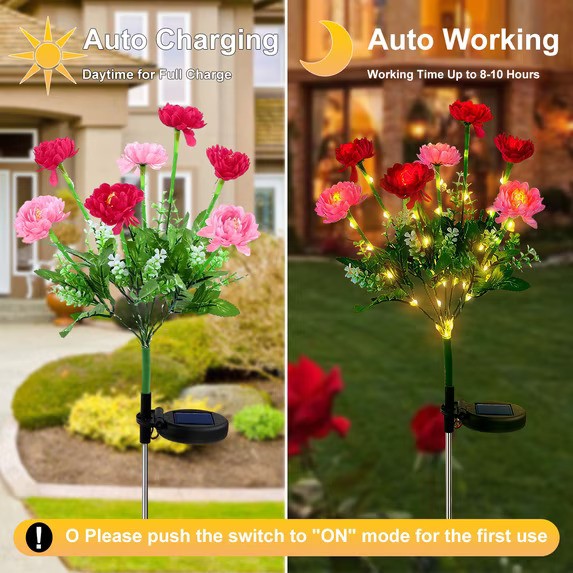 Set 2 Lampi Solare Decorative Bujori Roz 60cm cu LED Alb Cald Gradina - detaliu produs