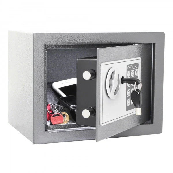 Seif metalic din otel cu inchidere electronica si cheie, 23 x 17 x 17 cm