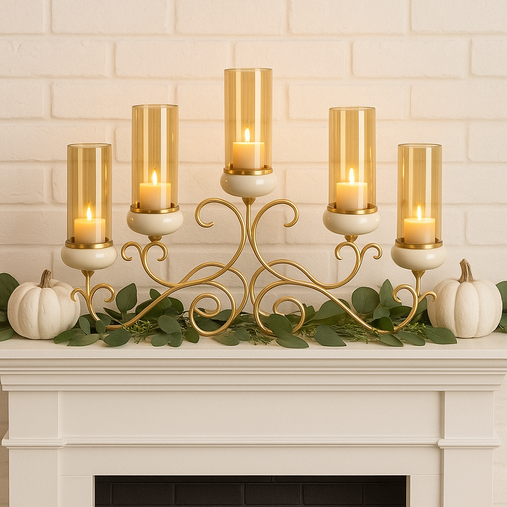 Candelabru Decorativ 34x69 cm cu 5 Suporturi Sticla Chihlimbar, Design Auriu