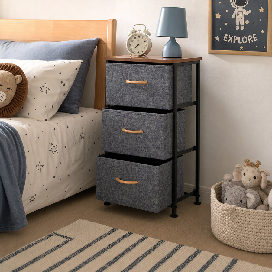 Noptiera cu 3 Sertare Textil Blat Lemn Cadru Metalic 40x30x74cm Gri - detaliu produs