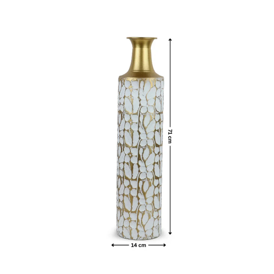 Vaza decorativa de podea 71 cm din metal alb si auriu model floral elegant