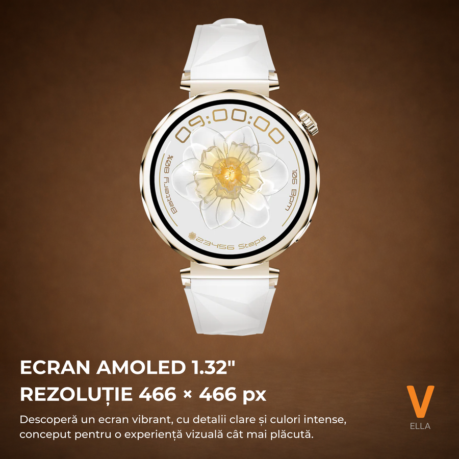 Ceas Smartwatch Dama ELLA Vivendo®, Ecran AMOLED 1.32", Fitness, Apel Bluetooth, Notificari Limba Romana, Asistent Vocal & ChatGPT AI, Incarcare Wireless, Rezistent Apa IP68, 2 Curele Incluse
