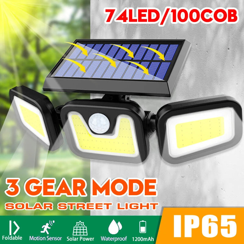 Lampa solara cu 3 capete – 74 LED-uri, 60W, incarcare solara, 3 moduri de iluminare
