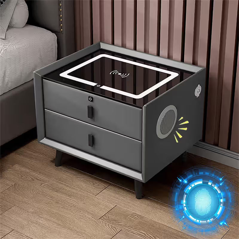 RESIGILAT - Noptiera Smart Multifunctionala, iluminare LED tactil cu 3 culori, incarcare wireless si USB, difuzor Bluetooth, 2 sertare