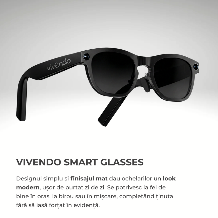 Ochelari Smart VIVENDO SMART GLASSES, Camera 1080P Full HD, AI Integrat, Apeluri Bluetooth, Control Tactil, Streaming Muzica, Wi-Fi 2.4G, Microfoane Duale, Negru