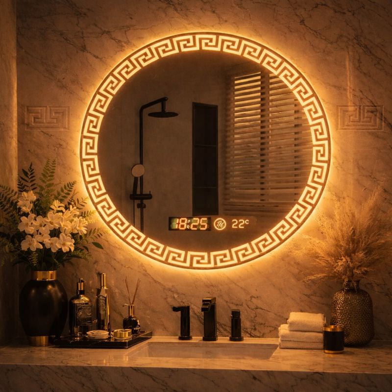 Oglinda LED baie cu iluminare ambientala, functie anti-aburire, ceas si temperatura, 60 cm