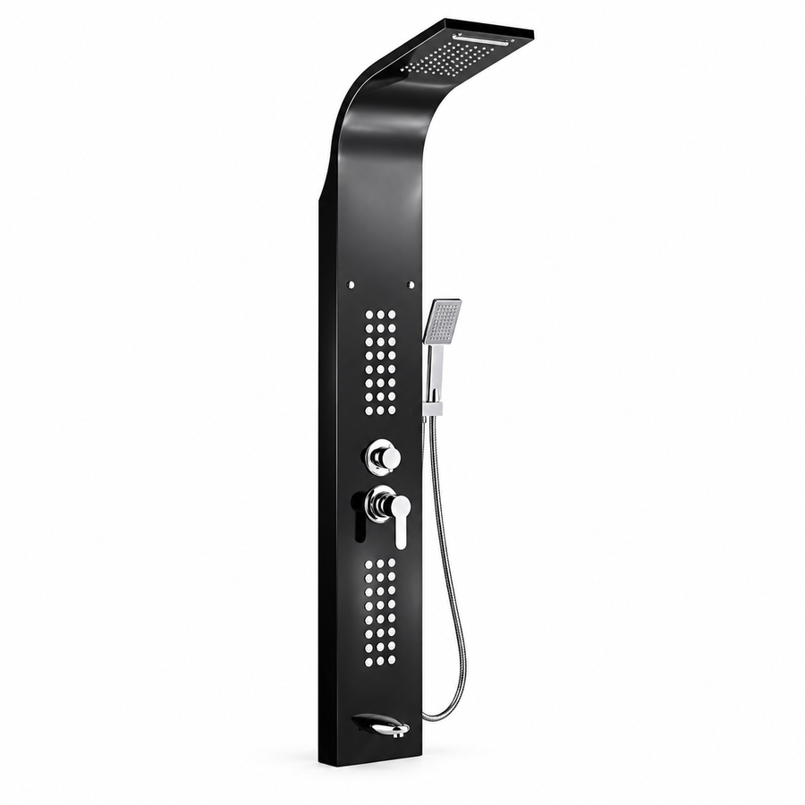 Set dus cu cap rectangular si baterie termostatata din inox, montaj pe perete, culori argintiu si auriu