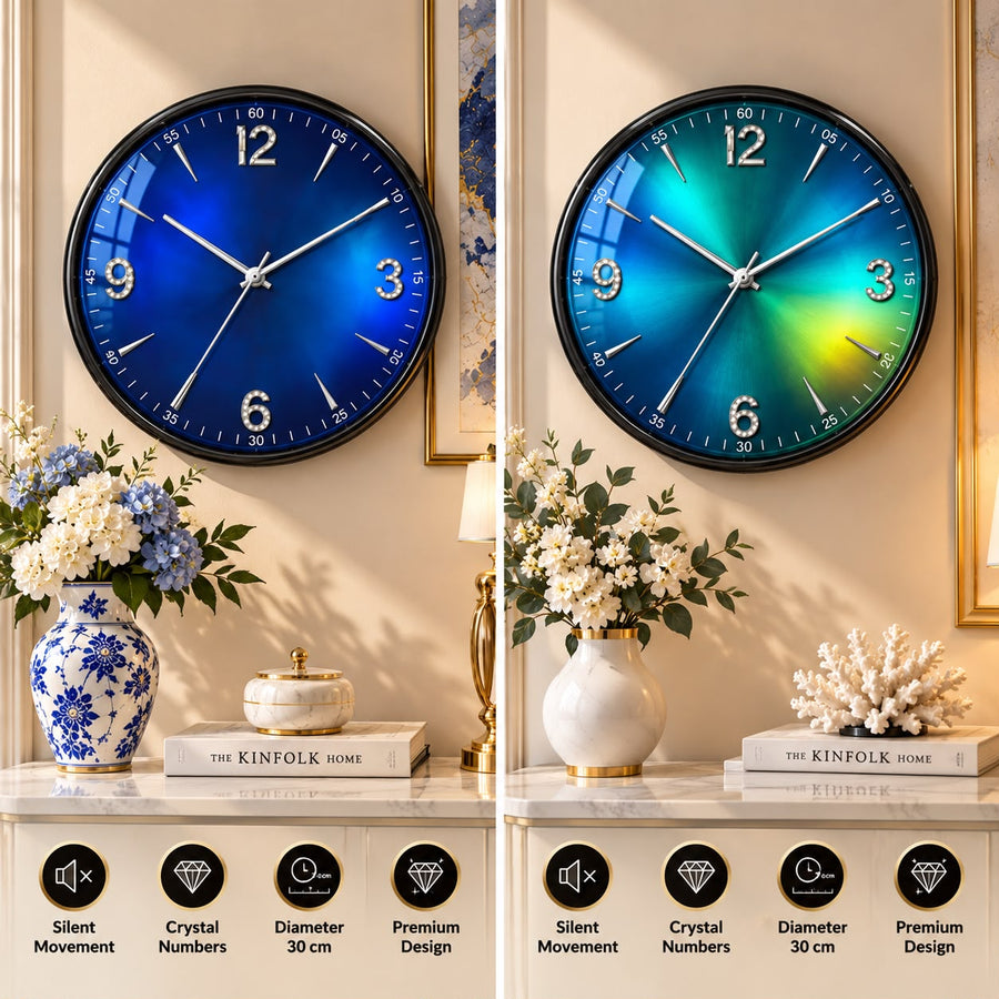 Ceas de Perete Premium, 30 cm, Mecanism Silențios, Cadran Albastru cu Accente Cristal - imagine principala