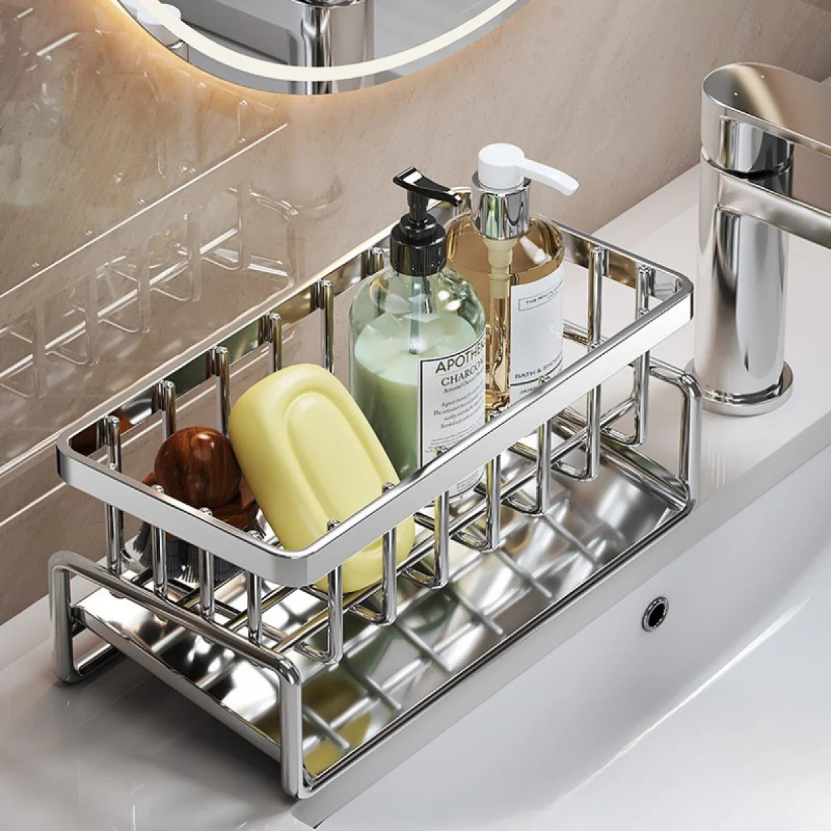 Suport din inox cu scurgere pentru burete vase, 23 x 10 x 9 cm