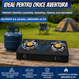Aragaz Plita Camping 2 Arzatoare Sticla Neagra Securizata Fonta Alama Aprindere Quartz GPL - detaliu produs