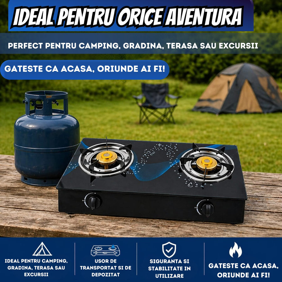 Aragaz Plita Camping 2 Arzatoare Sticla Neagra Securizata Fonta Alama Aprindere Quartz GPL - detaliu produs