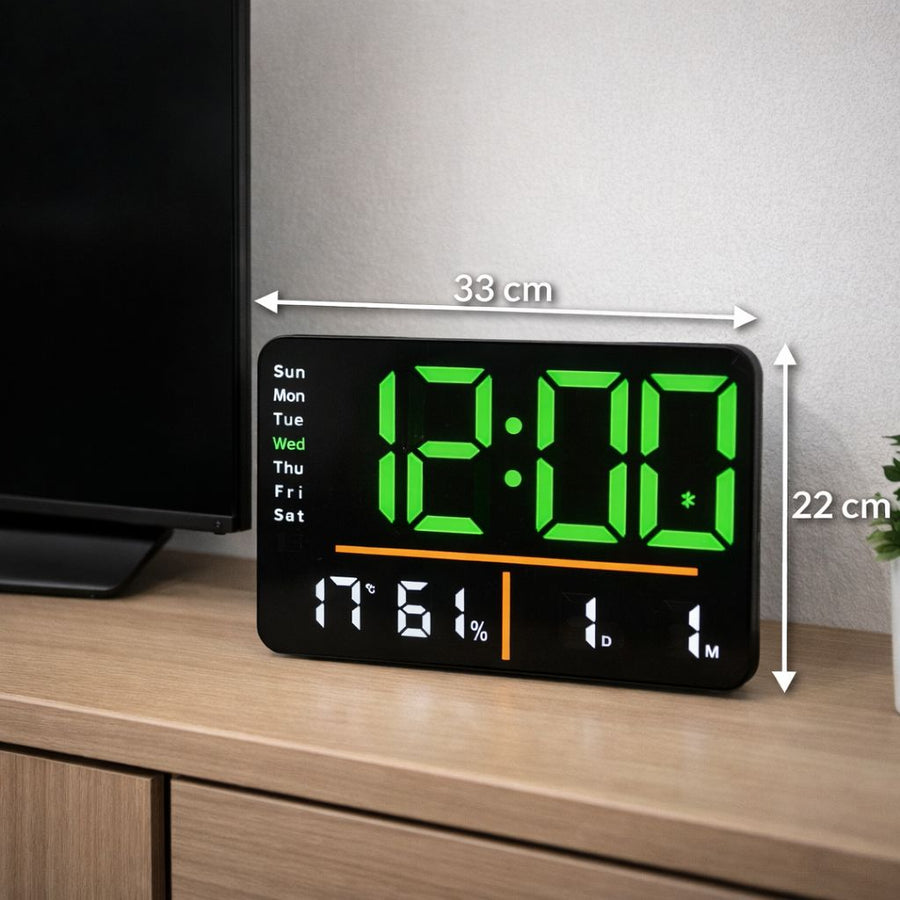 Ceas digital cu LED, Bluetooth, 33 x22cm, control de la distanta, montare pe perete sau birou, negru