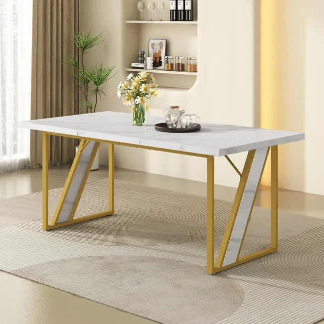 Masa dining moderna cu blat aspect marmura 160x80 cm cadru metalic