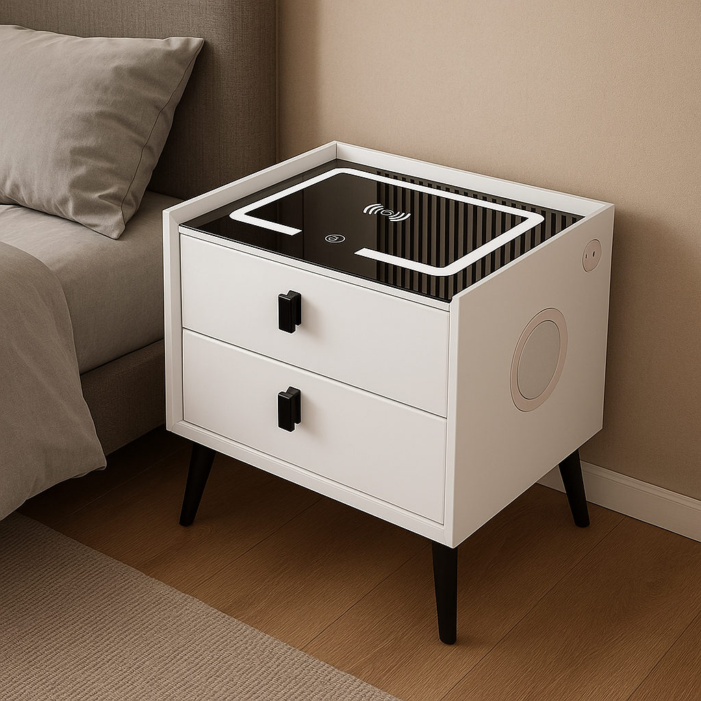 Noptiera Smart Multifunctionala, iluminare LED tactil cu 3 culori, incarcare wireless si USB, difuzor Bluetooth, 2 sertare