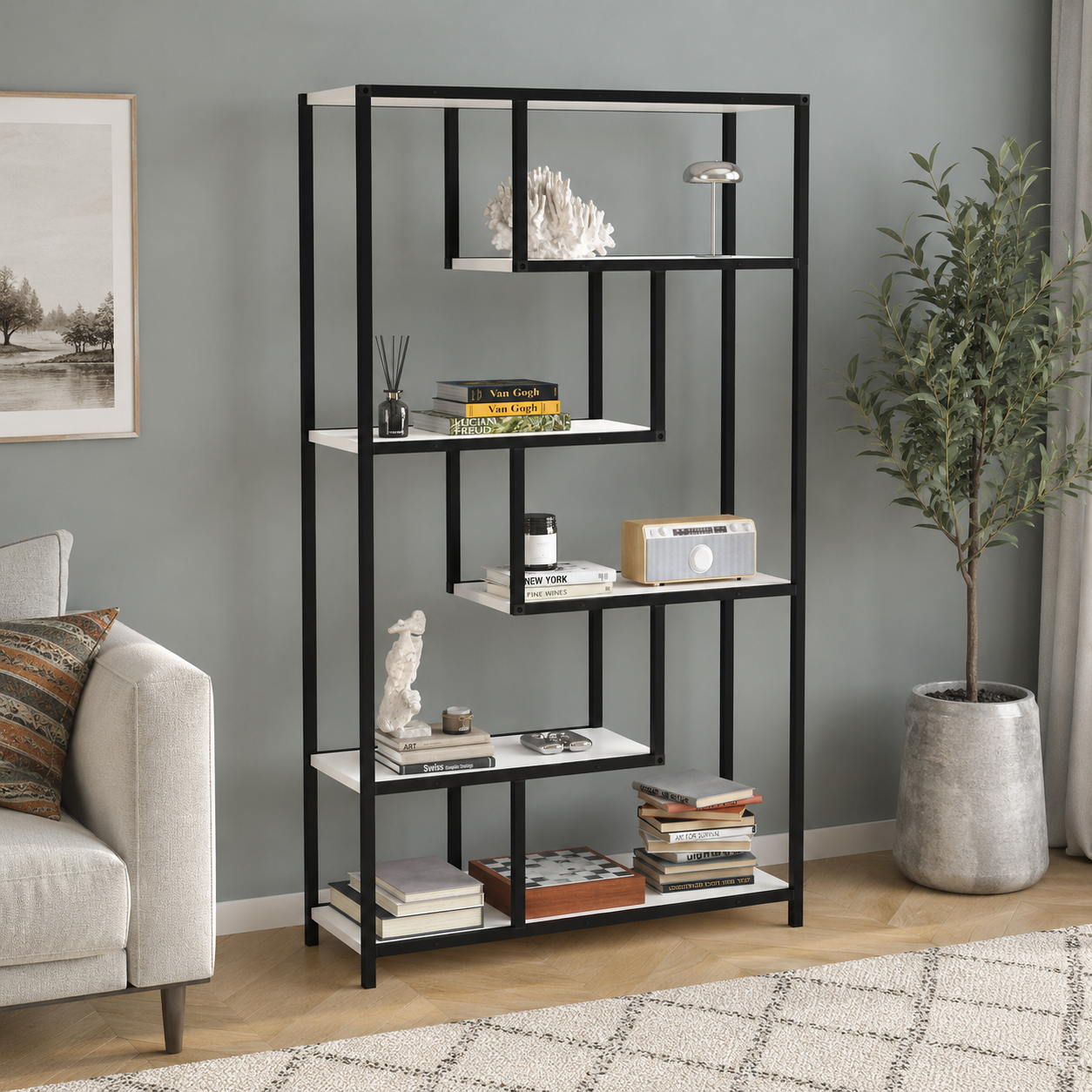 RESIGILAT - Biblioteca Moderna cu 6 Rafturi pentru Living si Birou, Cadru Metalic, PAL 18 mm, 88 x 30 x 160 cm