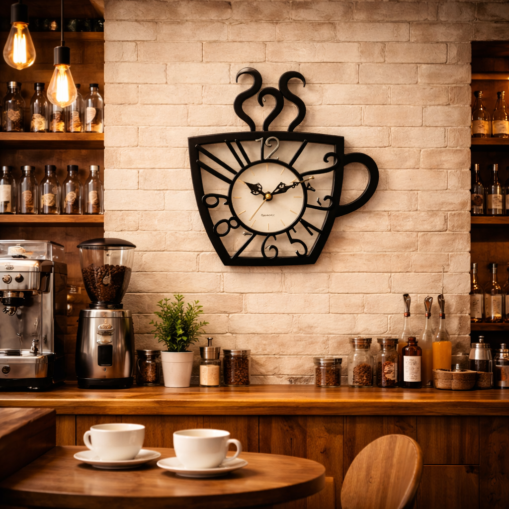 Ceas de Perete Decorativ in Forma de Ceasca de Cafea, 30x28 cm, Design 3D cu Cifre si Limbi in Relief