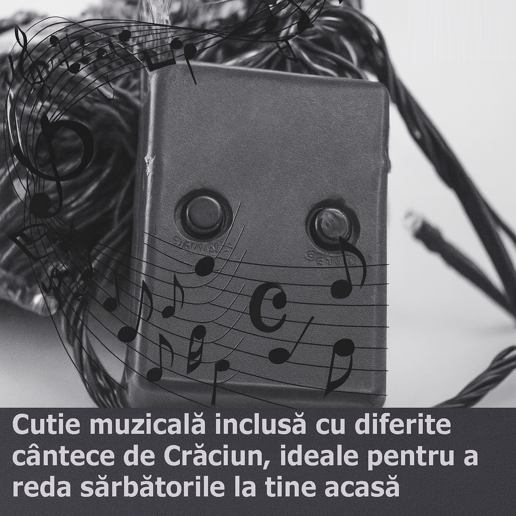 Instalatie de craciun muzicala, fir verde, tip sir, 100 led, lungime 10m, interior/exterior, interconectabila, alimentare la priza, multicolor