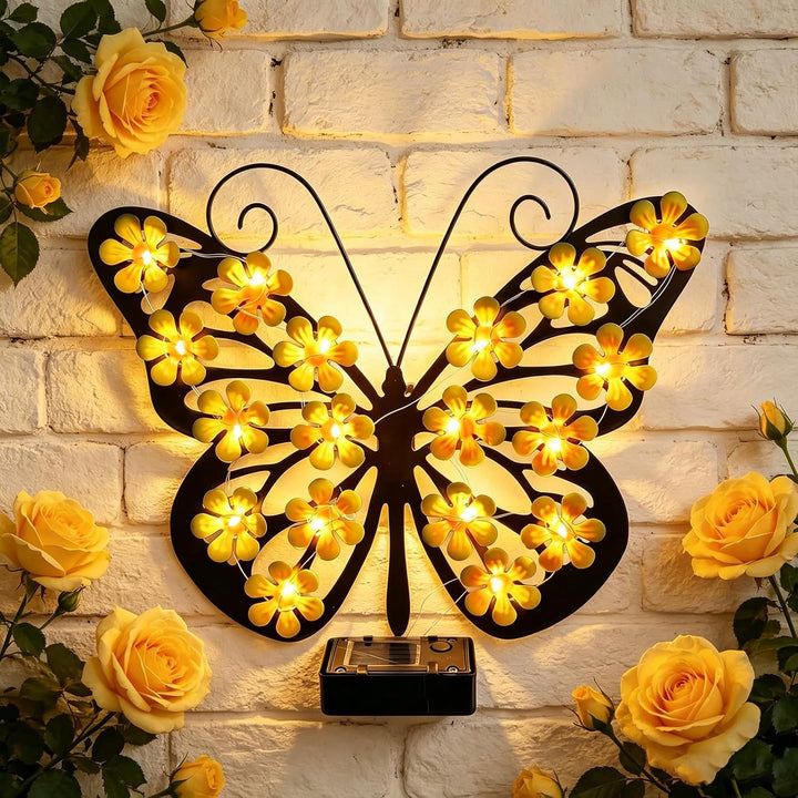 Set 2 Fluturi Solari Decorativi cu Lumini LED Roz Galben pentru Perete Gard - detaliu produs