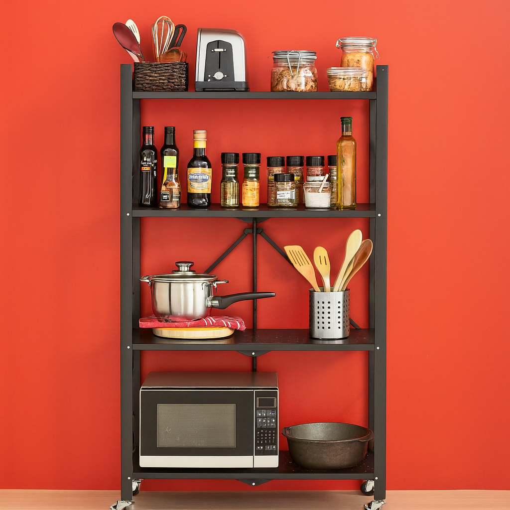 Raft depozitare metalic, pliabil, pe roti, 4 polite, 71.5 x 39 x 124 cm