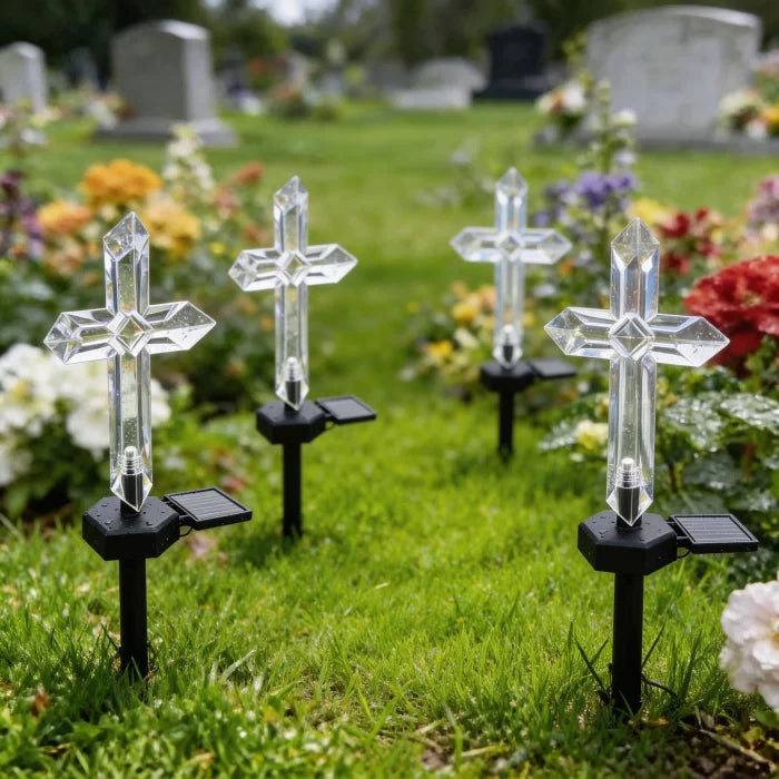 Set 4 Cruci Solare Decorative LED Alb Cald pentru Gradina si Cimitir Iluminare Automata - detaliu produs