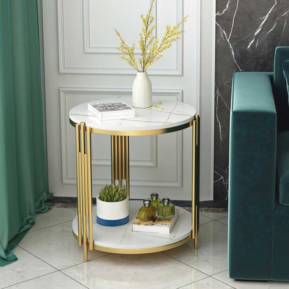 Masuta rotunda pe 2 nivele, blat tip piatra, cadru metalic auriu, design elegant, 60x30 cm