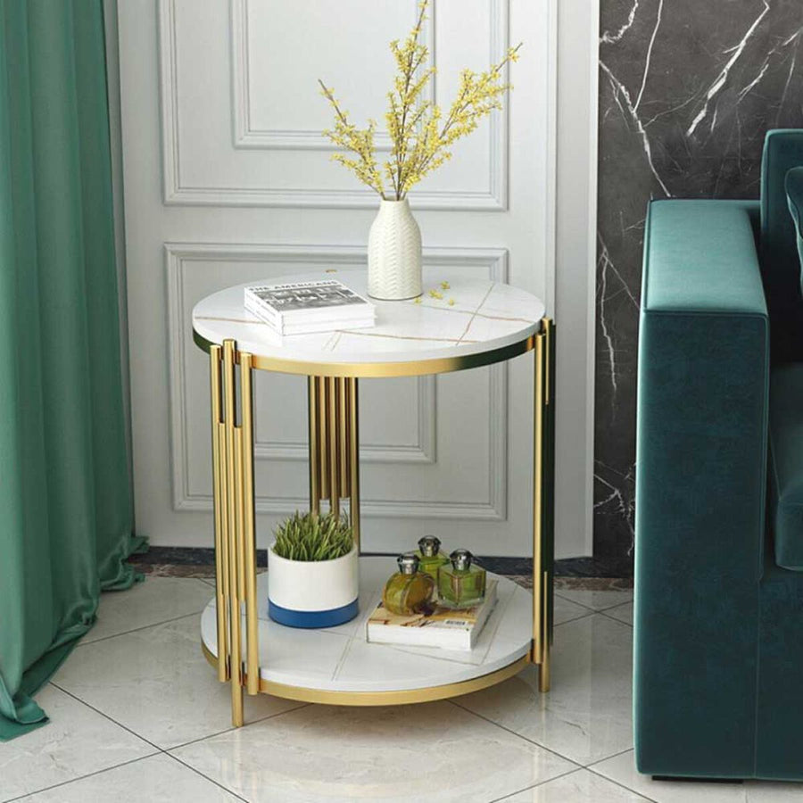 Masuta rotunda pe 2 nivele, blat tip piatra, cadru metalic auriu, design elegant, 60x30 cm