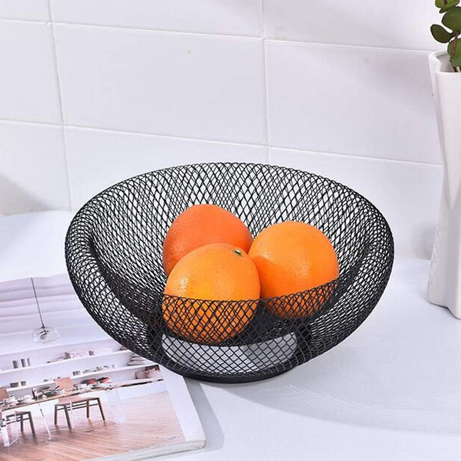Cos de fructe decorativ, rotund, metalic, 25,5 x 13 cm, negru