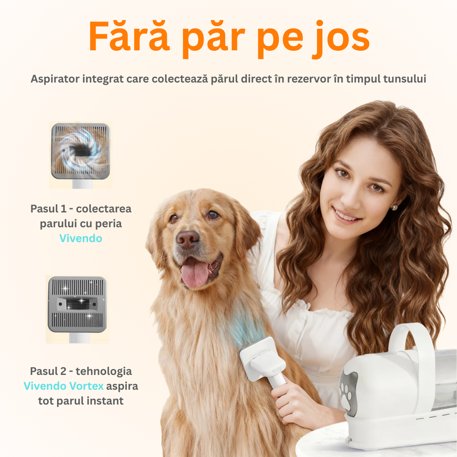 RESIGILAT - Masina de tuns animale 5 in 1 cu Aspirator integrat – Caini si Pisici, 6 dimensiuni de tuns, zgomot redus, Alb