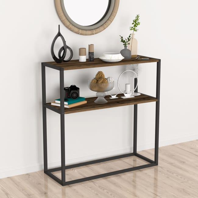 Masă consola decorativa cu 2 rafturi, 90x90x33,5 cm, efect stejar și cadru metalic