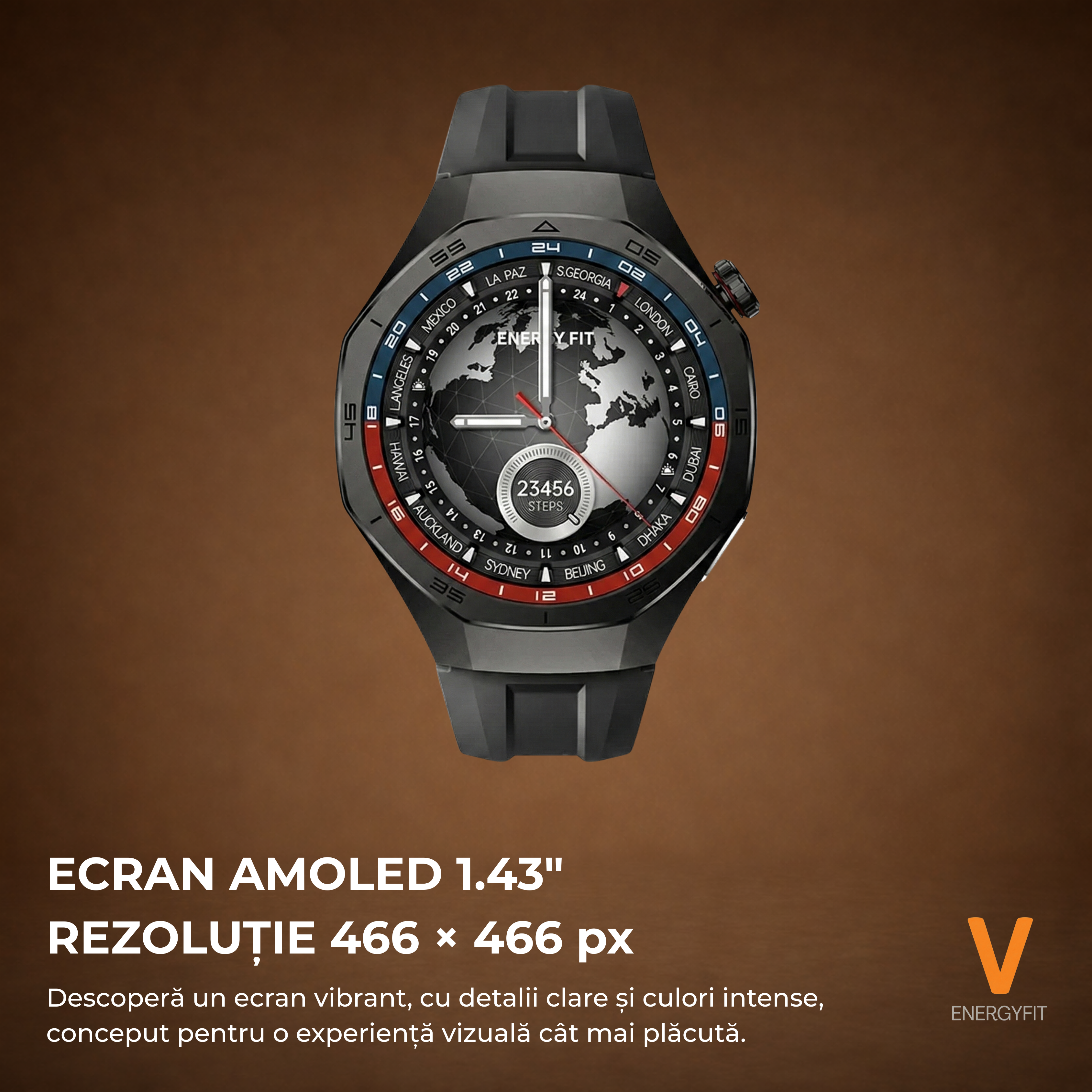 RESIGILAT - Ceas Smartwatch ENERGYFIT, Ecran AMOLED 1.43", Apel Bluetooth, ChatGPT AI, Notificari Romana, Fitness, Sport, Rezistent Apa 5ATM, Incarcare Wireless, 2 Curele, Negru