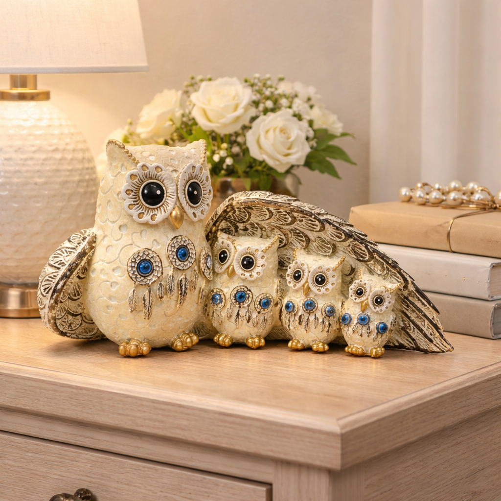 Statueta decorativa Familie de Bufnite din rasina simbol al protectiei si intelepciunii 21 x 8.5 x 10 cm