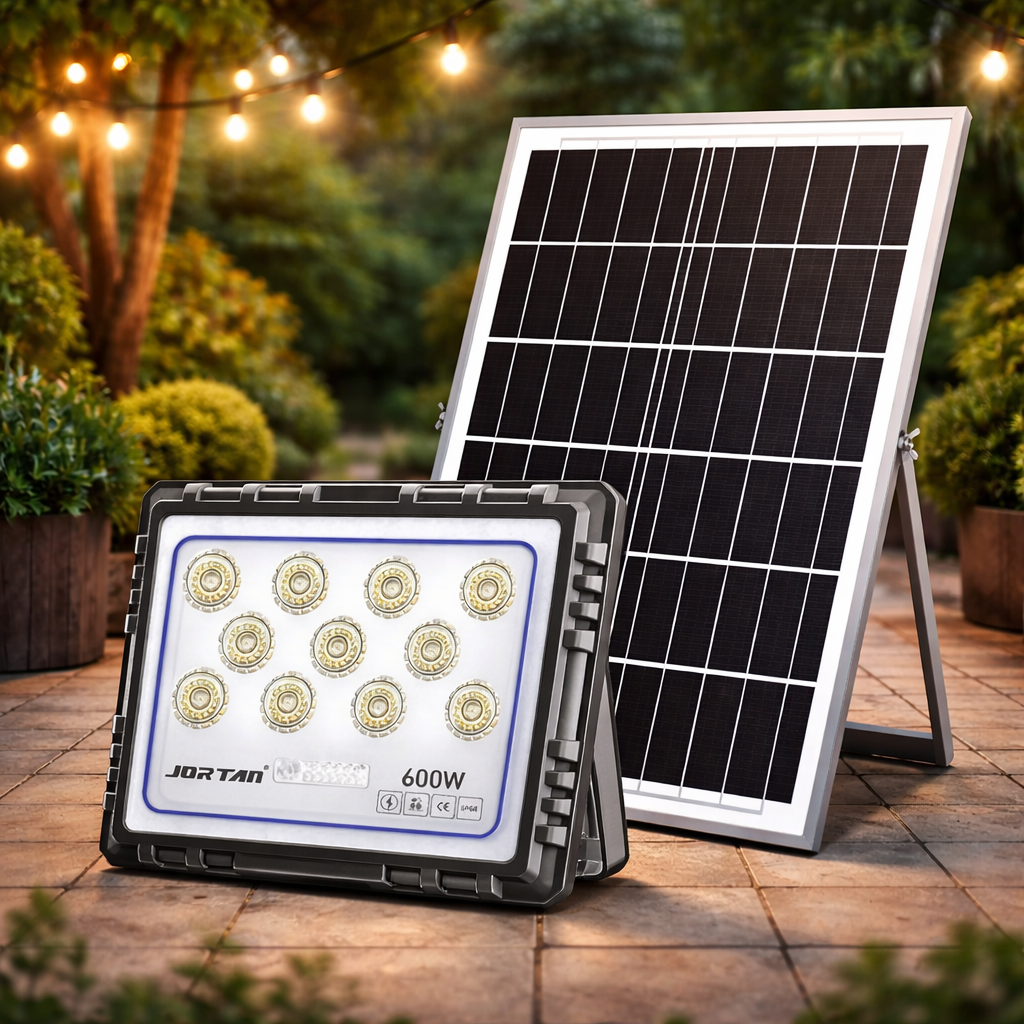 Proiector solar LED Jortan 600/800/1000W cu panou solar, telecomanda, IP66, iluminare exterior