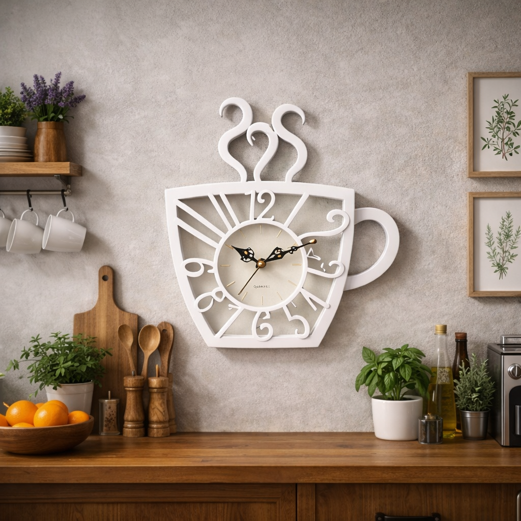 Ceas de Perete Decorativ in Forma de Ceasca de Cafea, 30x28 cm, Design 3D cu Cifre si Limbi in Relief