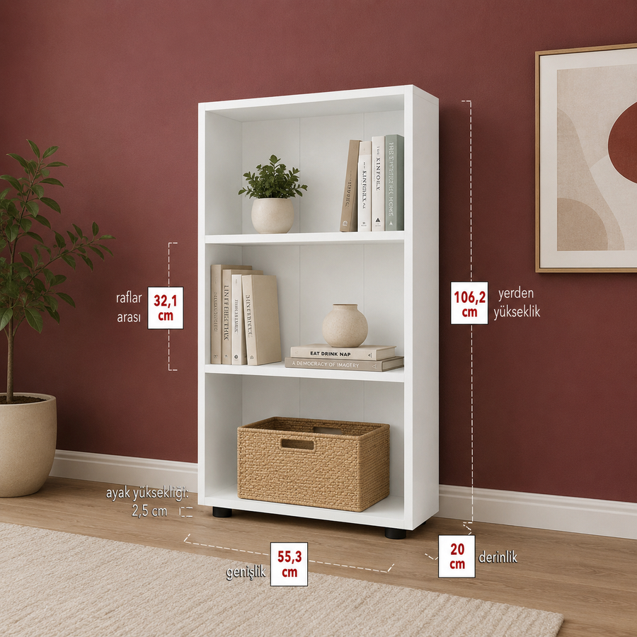 Biblioteca din PAL 55,3x20x106,2 cm, cu 3 rafturi, pentru carti si decoratiuni