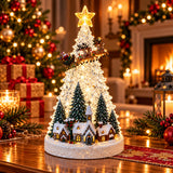 Decorațiune Premium de Crăciun tip Brad cu Sat de Iarnă, Moș Crăciun cu Renii, Lumină LED și Cutie Muzicală – 31,5 × 21 × 21 cm - detaliu produs