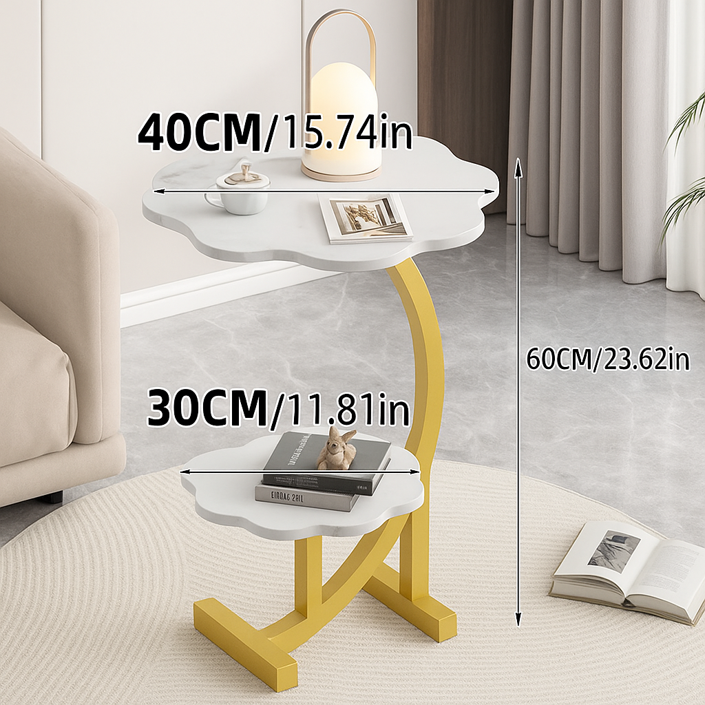 Masuta moderna cu doua rafturi in forma de floare, blat 40 cm si cadru metalic auriu, design elegant 60 cm inaltime