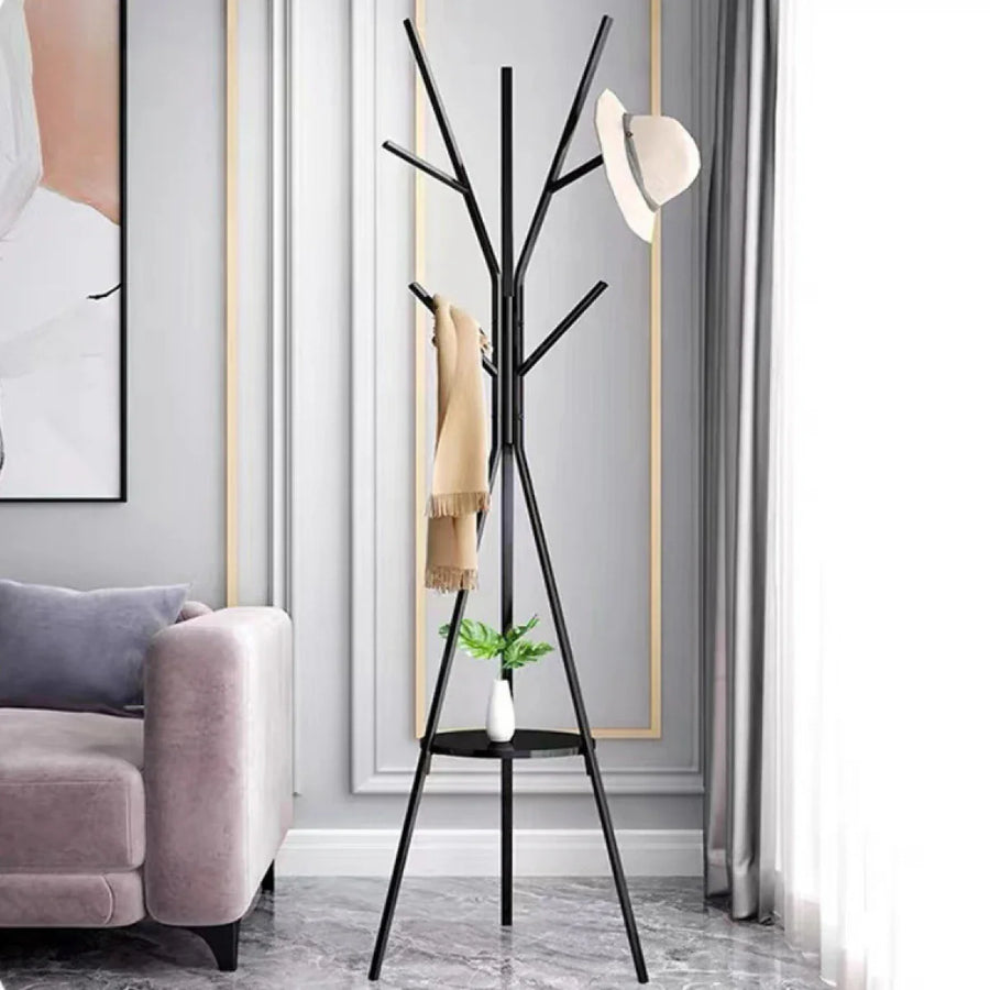 RESIGILAT - Cuier haine cu suport din lemn pentru accesorii, 9 carlige, otel carbon, 180 x 45 cm, negru