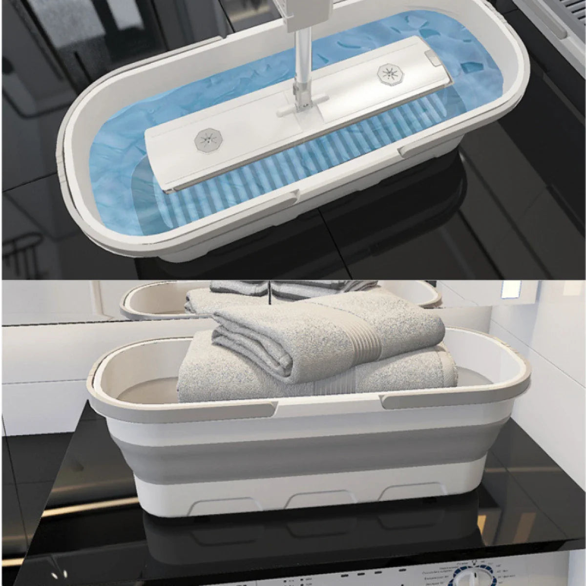 Set mop rotativ cu 2 lavete microfibra si lighean pliabil de 8 L