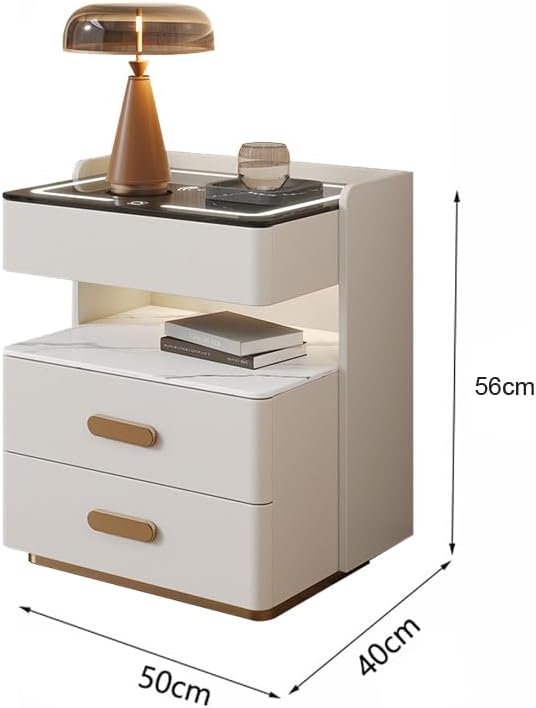 Noptiera inteligenta cu incarcare wireless, lumini LED reglabile, 3 sertare de depozitare, 50x40x56cm