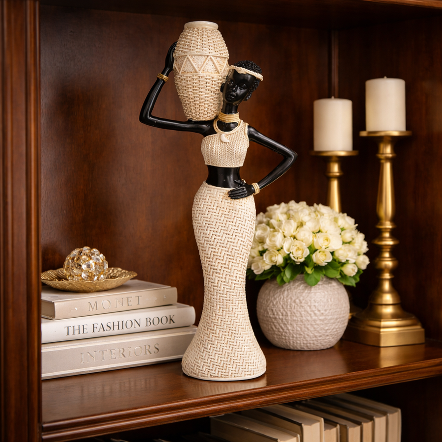 Statueta decorativa femeie africana cu vas, design elegant, rasina, stil etnic modern, decor interior premium, 28x10 cm