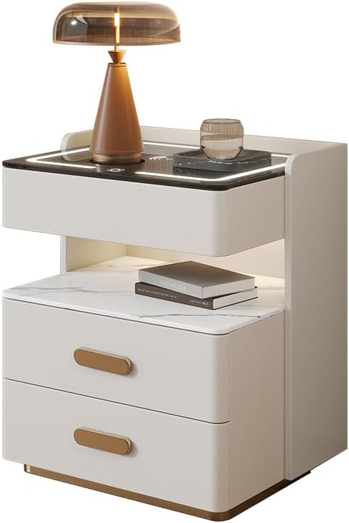 Noptiera inteligenta cu incarcare wireless, lumini LED reglabile, 3 sertare de depozitare, 50x40x56cm